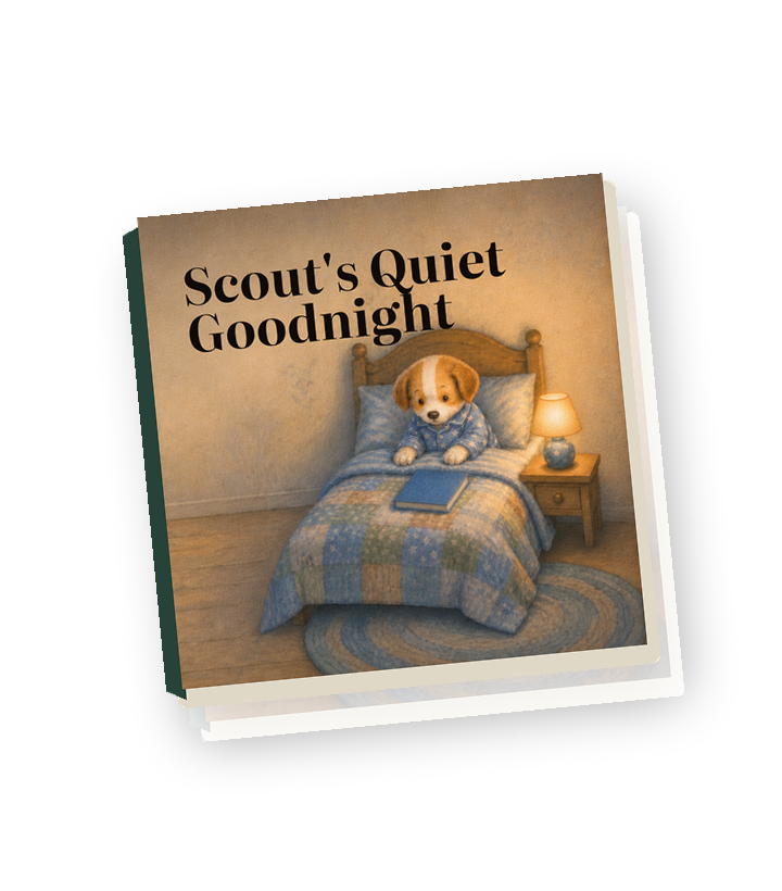 Book mockup showing Scout's Quiet Goodnight
